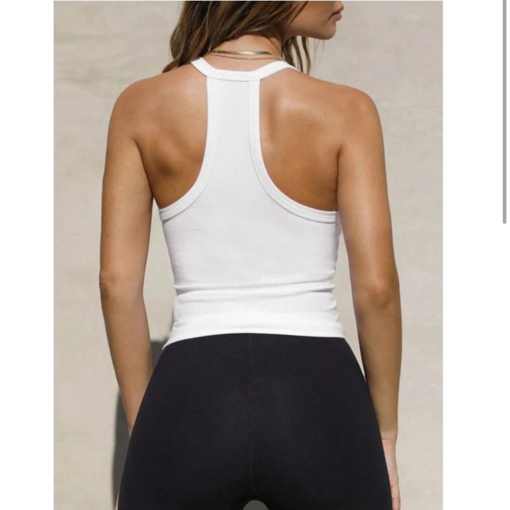 White Ribbed Tank Top Racerback Stretchy V-Neck Slim Fit Basic - Picture 3 of 4
